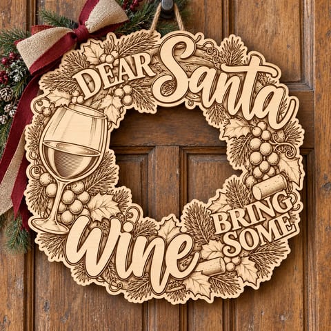 Unpainted wooden Dear Santa Bring Some Wine wreath hanging on a front door