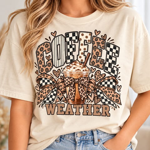 Retro distressed coffee weather design with neutral checkered and floral details for fall