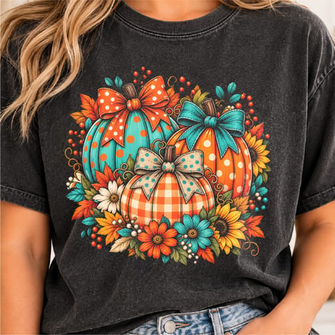 Floral pumpkin fall design with coquette bow and preppy autumn style