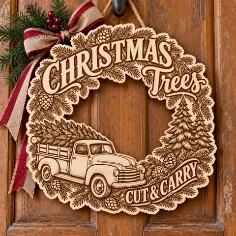 Wreath-shaped Christmas tree farm sign with a vintage pickup truck carrying a pine tree