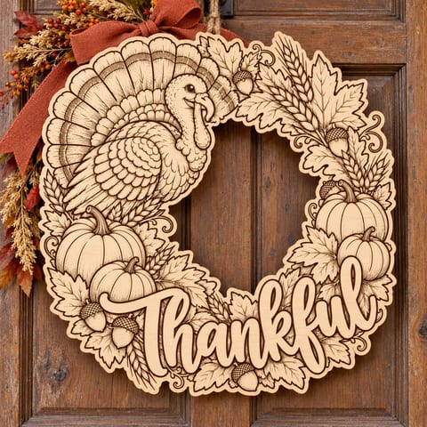Unpainted wooden Thankful Thanksgiving wreath with a turkey and pumpkins hanging on a front door