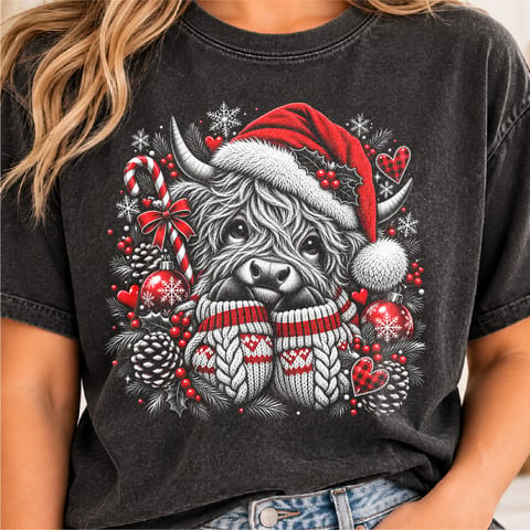 Highland cow Christmas design with Santa hat and red black holiday style