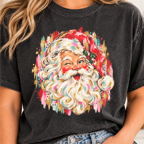 Vintage Santa face Christmas design with pink brushstroke holiday styling