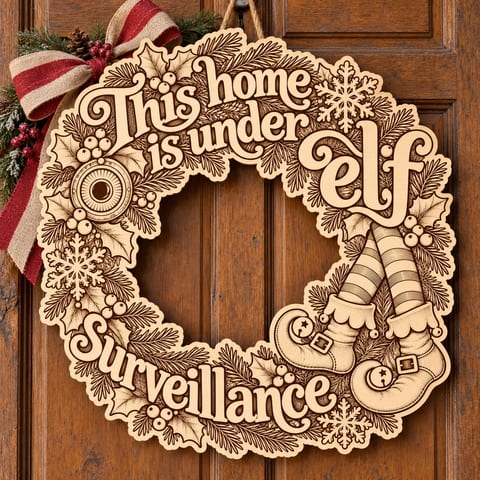 Unpainted wooden This Home Is Under Elf Surveillance wreath hanging on a front door