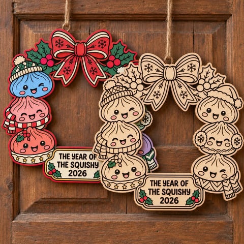 Painted and unpainted kawaii dumpling Christmas wreaths hanging side by side on a wooden door