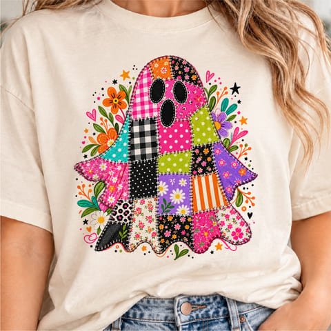 Patchwork ghost Halloween design with floral preppy colorful styling
