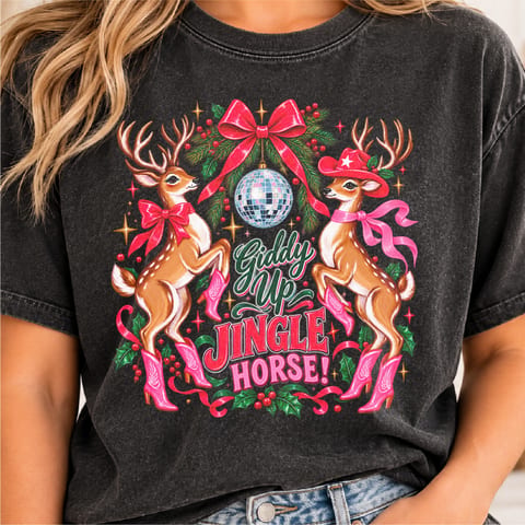 Pink western cowgirl Christmas design with reindeer holiday theme