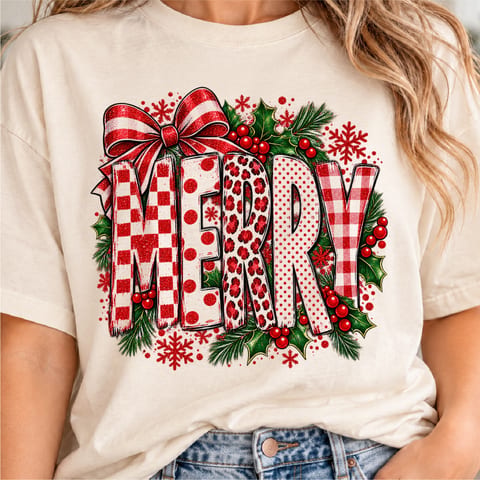 Merry Christmas patterned letter design with buffalo plaid and polka dot holiday style