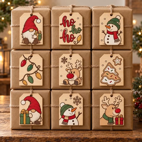 Nine painted Christmas gift tags on kraft wrapped boxes