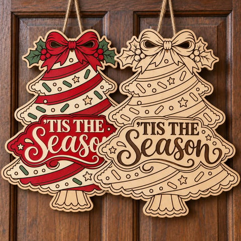 Painted and unpainted Tis the Season Christmas tree door hanger hanging side by side on a wooden door