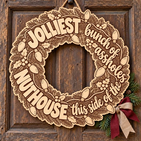 Unpainted wooden Christmas lights wreath with humorous jolliest bunch nuthouse lettering hanging on a front door