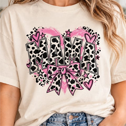 Mama Mini cow print design with pink bow for mom and child apparel