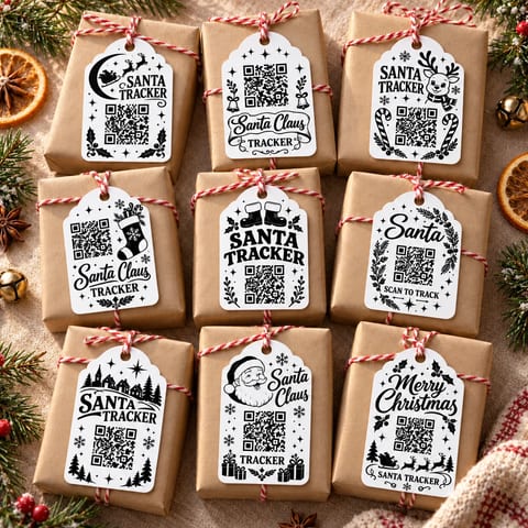 Santa Tracker Christmas tags tied to kraft wrapped gifts