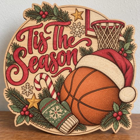 Painted round basketball Christmas sign with a Santa hat standing on a wooden table
