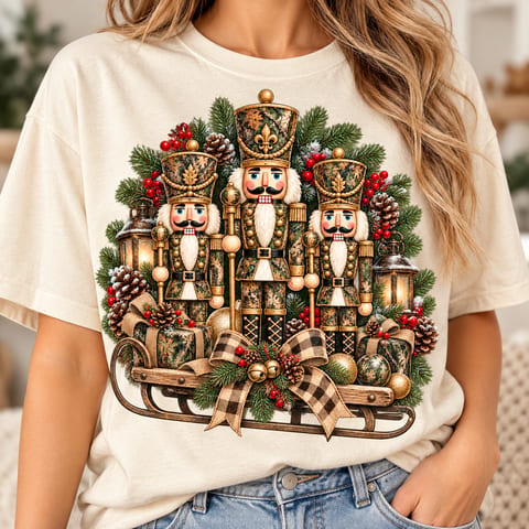 Camo nutcracker Christmas design with hunting style and rustic distressed holiday look