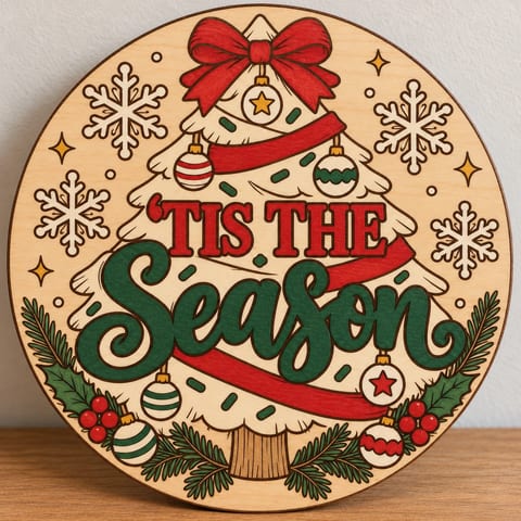 Painted round Tis the Season Christmas tree sign standing on a wooden table