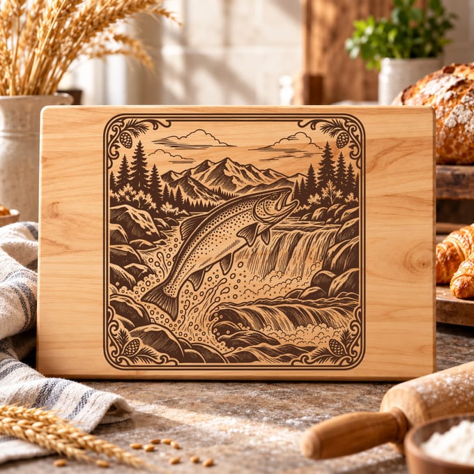 Trout waterfall cutting board SVG with vintage fishing landscape artwork