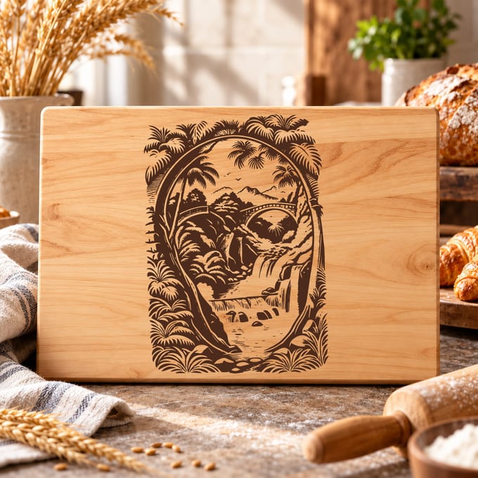 Waterfall bridge skull illusion cutting board SVG with surreal landscape artwork