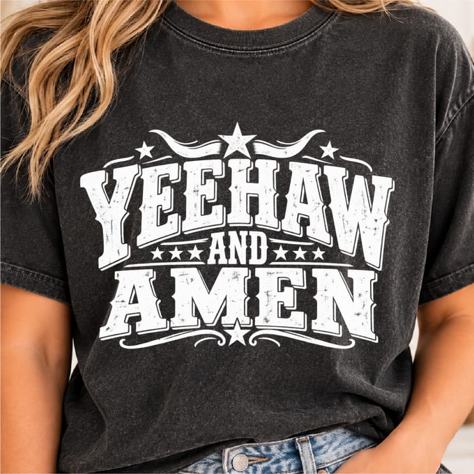 Yeehaw and Amen western Christian quote design with rodeo retro style