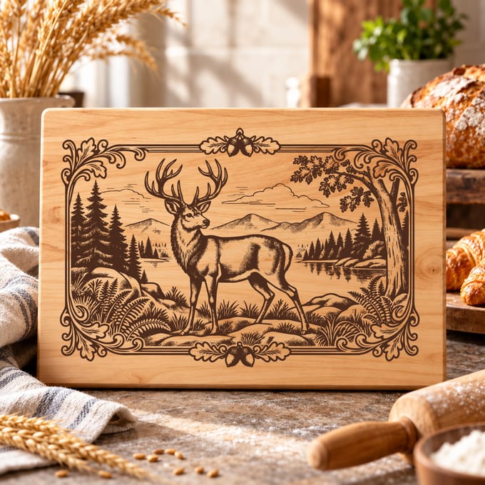 Vintage elk forest cutting board SVG with stag wildlife artwork