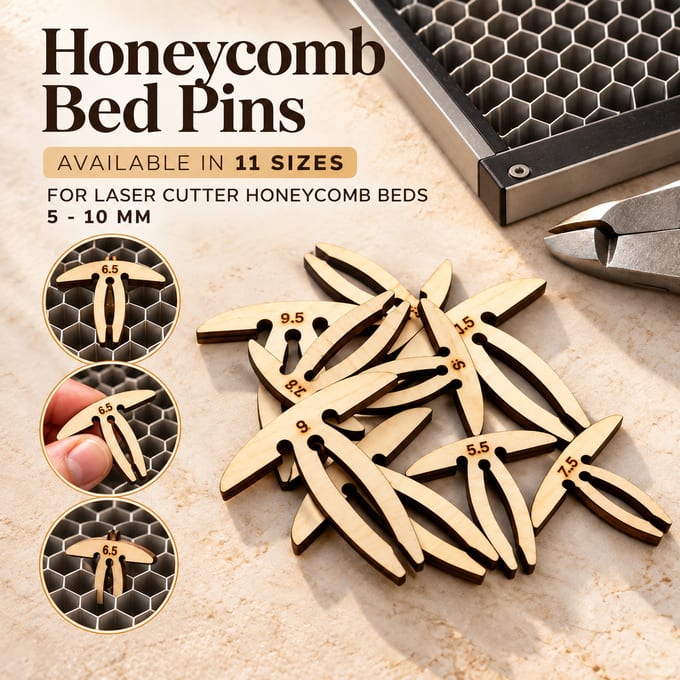 Laser cut wooden honeycomb bed cleaning pins in multiple sizes for laser cutter maintenance