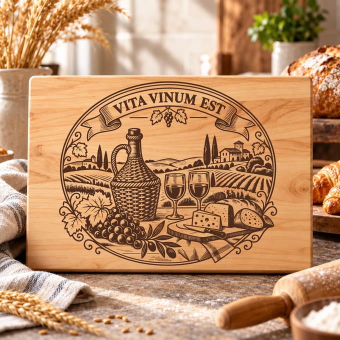Tuscan vineyard wine cutting board SVG with vintage landscape artwork