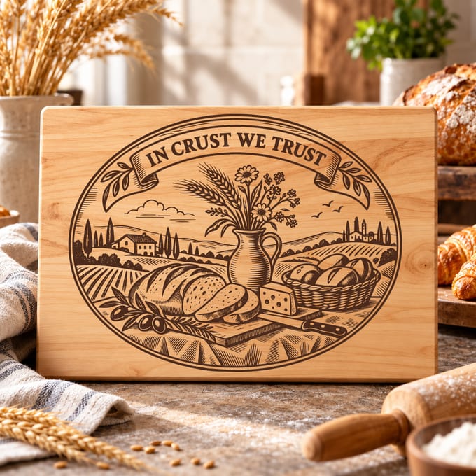 In Crust We Trust bread board SVG with vintage basket artwork