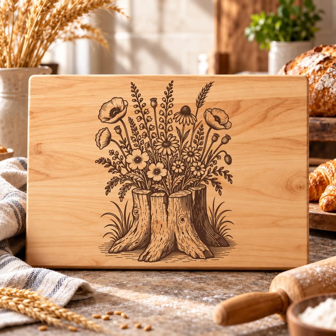 Wildflower tree stump charcuterie board SVG with rustic botanical artwork