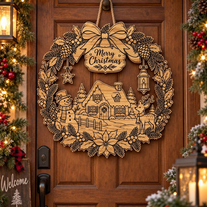 Merry Christmas Lettering Door Wreath SVG
