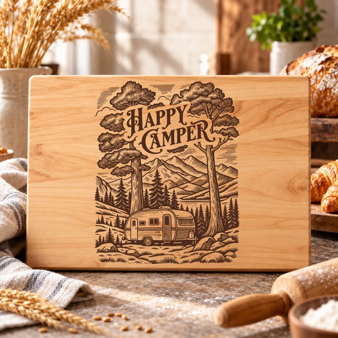 Happy Camper cutting board SVG with vintage camping theme