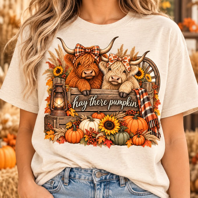 Two highland cows with plaid bows behind a wooden sign reading hay there pumpkin, with pumpkins and sunflowers