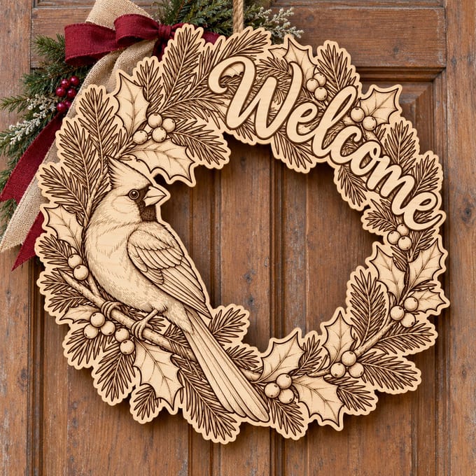 Unpainted wooden Welcome wreath with a cardinal on a holly branch hanging on a front door