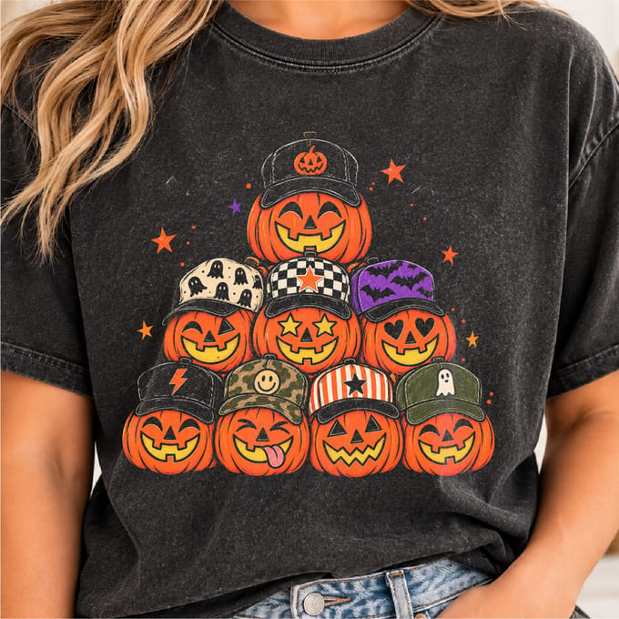 Halloween pumpkin faces with hats in a playful kids spooky design