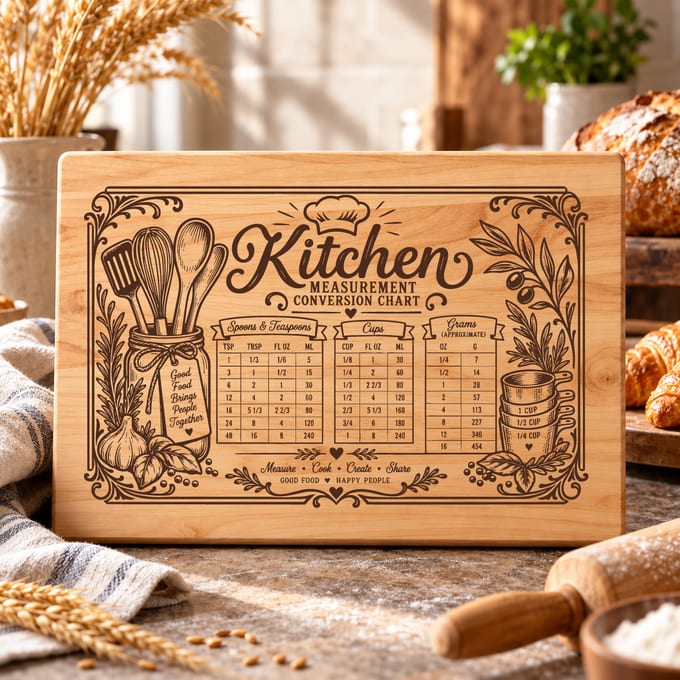Vintage kitchen conversion chart with measurement reference layout