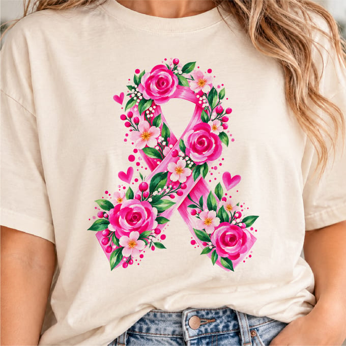 Pink ribbon breast cancer awareness design with floral watercolor accents