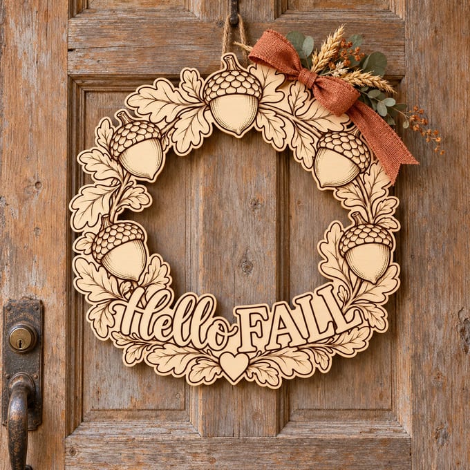Unpainted wooden Hello Fall acorn wreath hanging on a front door