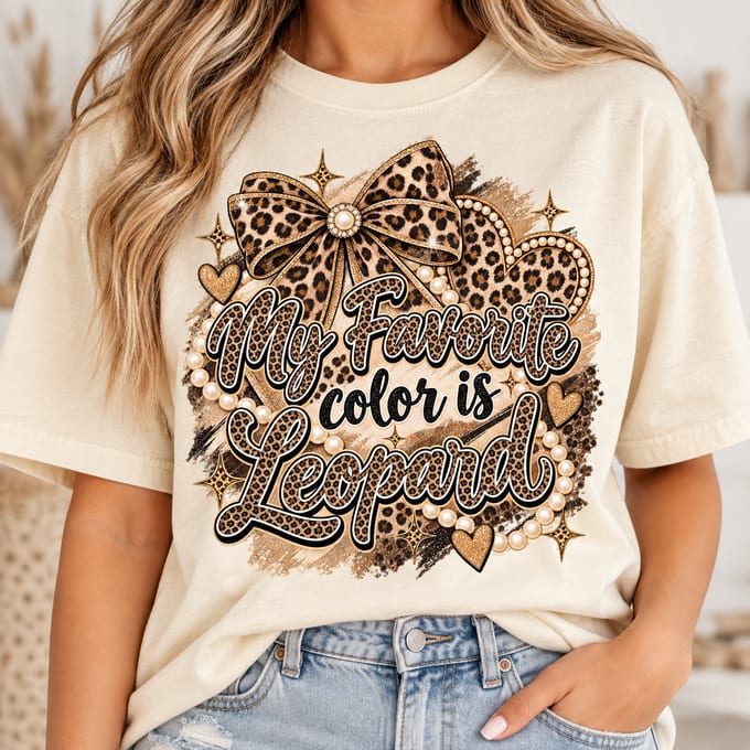 Leopard print quote My Favorite Color Is Leopard with a leopard bow, pearl heart and gold sparkle stars