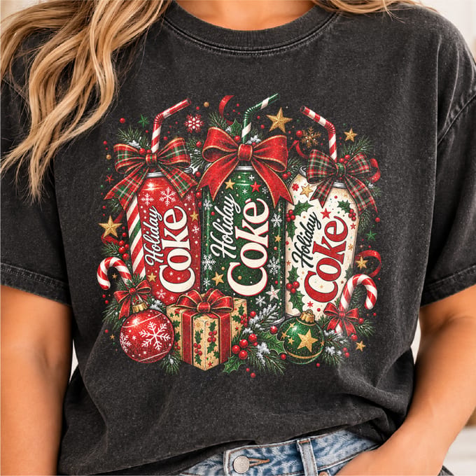Holiday soda can Christmas design with bow plaid and retro festive styling