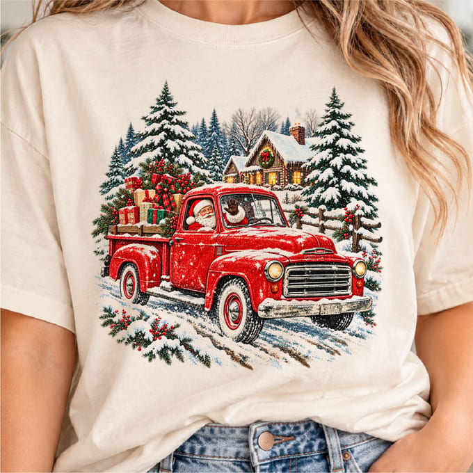 Vintage Santa truck Christmas design with rustic farmhouse holiday style