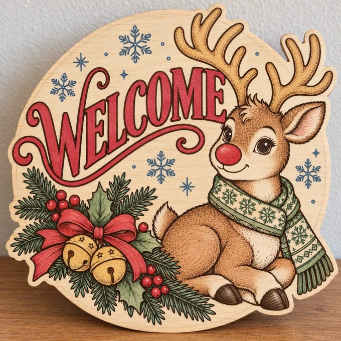 Painted round reindeer Welcome sign with jingle bells standing on a wooden table