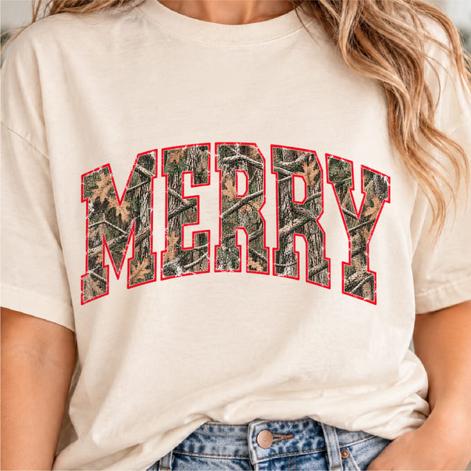Camo Merry Christmas hunting mama design in distressed vintage holiday style