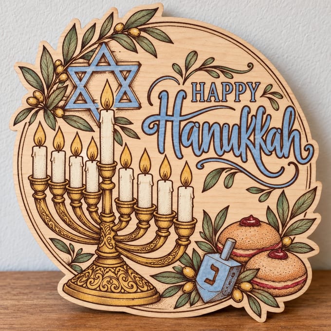 Painted round Happy Hanukkah sign with a menorah and dreidel standing on a wooden table