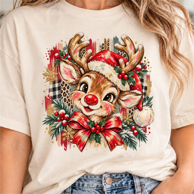Reindeer face Christmas design with brushstroke bow and preppy holiday patterns