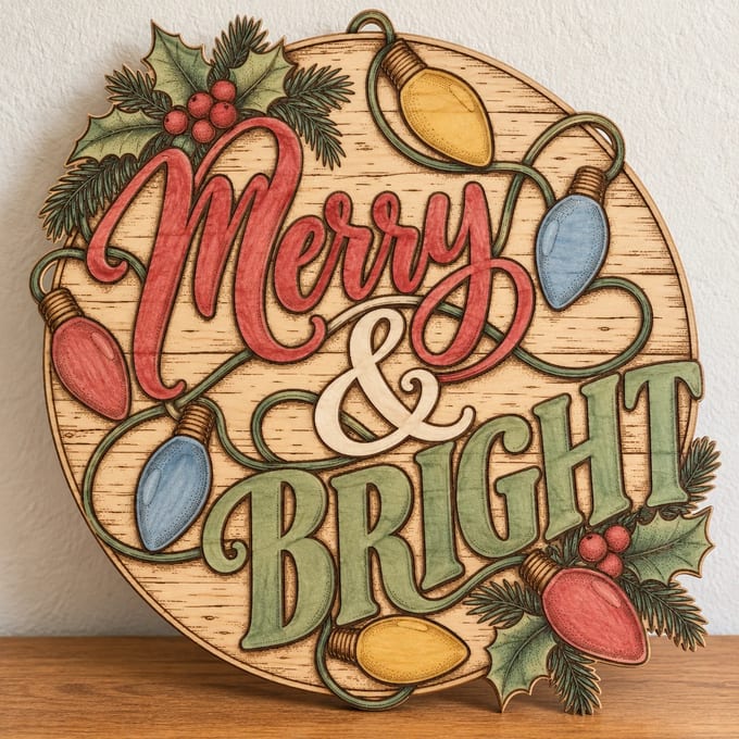 Painted round Merry and Bright sign with retro Christmas lights standing on a wooden table