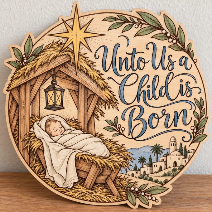 Painted round Unto Us a Child Is Born sign with baby Jesus in a manger standing on a wooden table