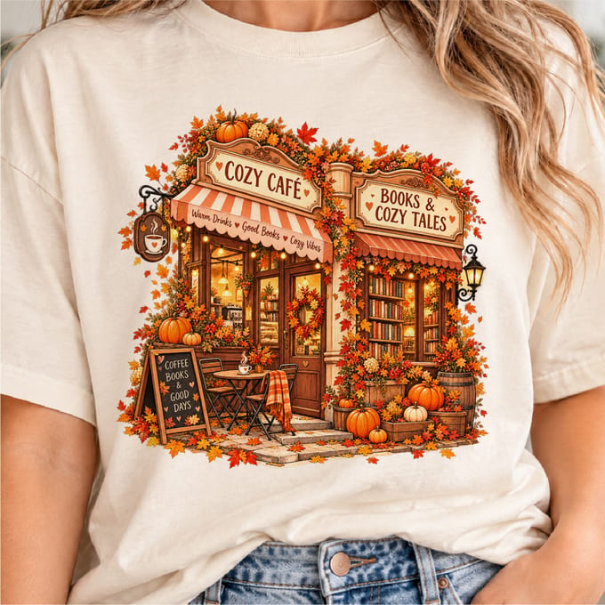 Fall book lover cafe design with cozy autumn reading and pumpkin details