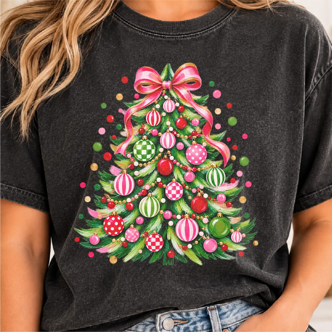 Preppy Christmas tree design with checkered ornaments and girly holiday style
