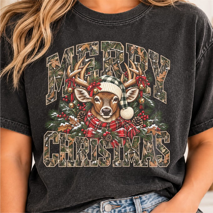 Merry Christmas deer design with camo country vintage holiday styling