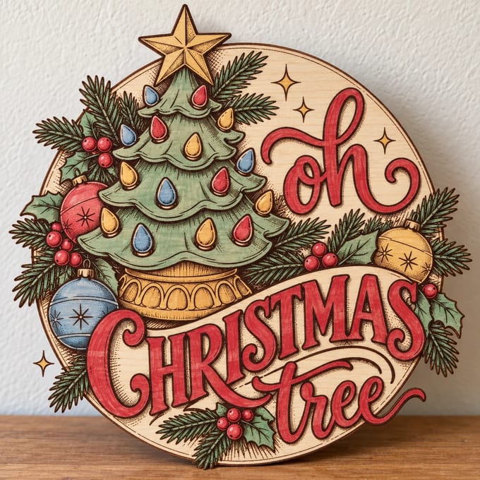 Painted round Oh Christmas Tree sign with a vintage ceramic tree standing on a wooden table