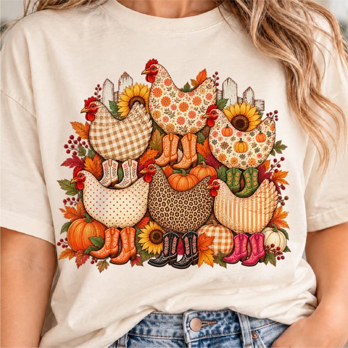 Fall chicken design with cowgirl boots western floral country style